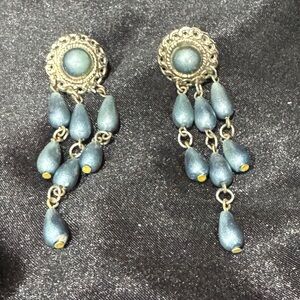 Vintage Gold Tone Blue Beaded Chandelier Post Earrings